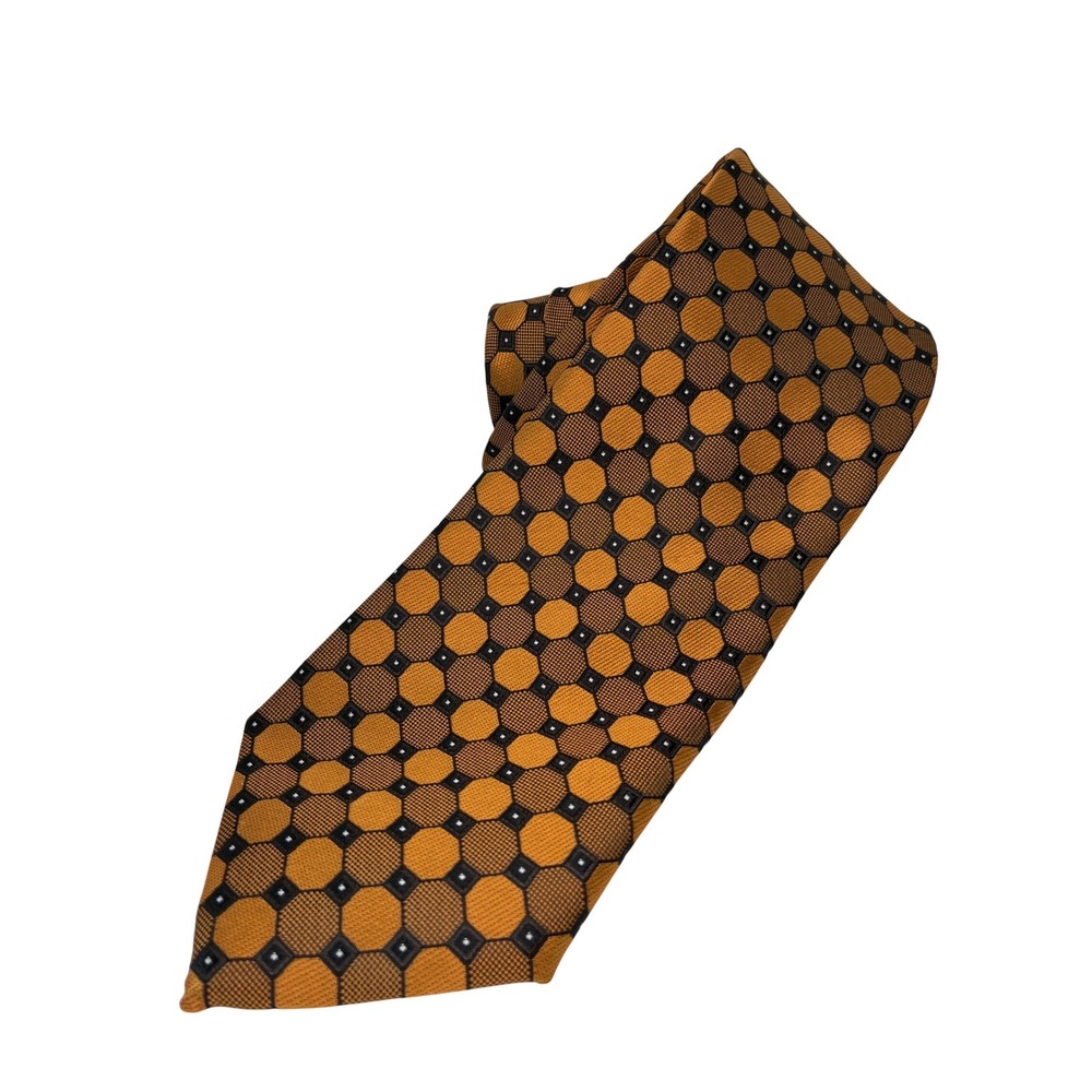Hi-Tie Mens Silk Tie Bronze Gold Geometric Honeycomb Italian Style Hand Tailored